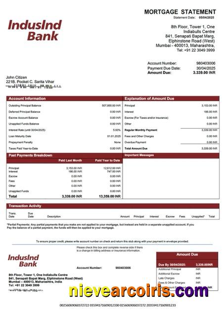 India IndusInd Bank mortgage statement Word and PDF template